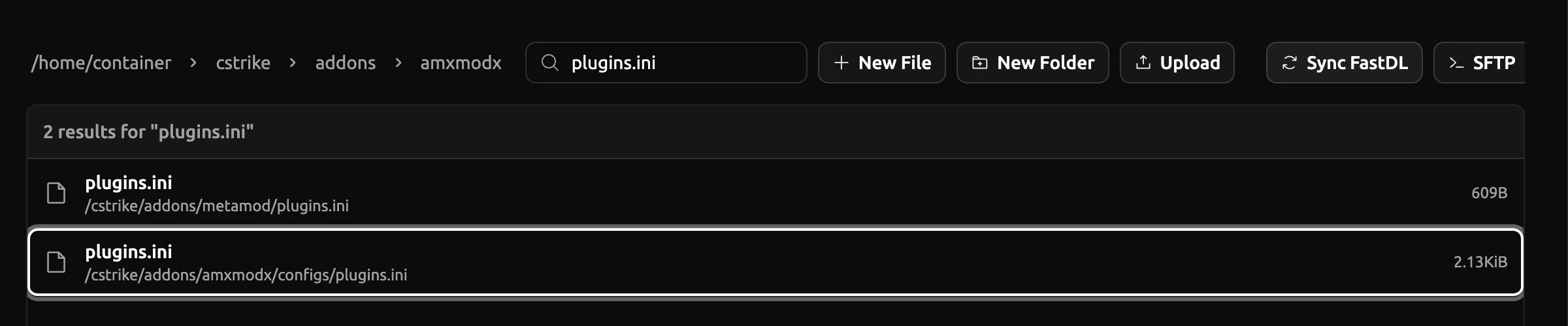 File search for plugins.ini with the AMX Mod X configs result highlighted