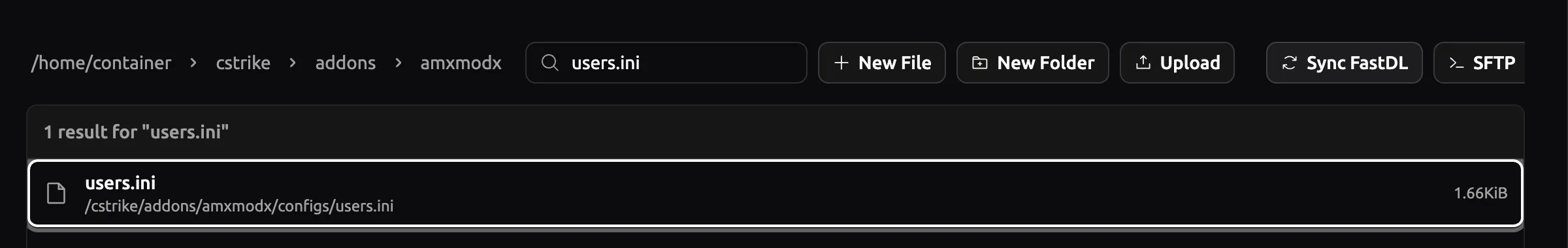 File search for users.ini with the result highlighted