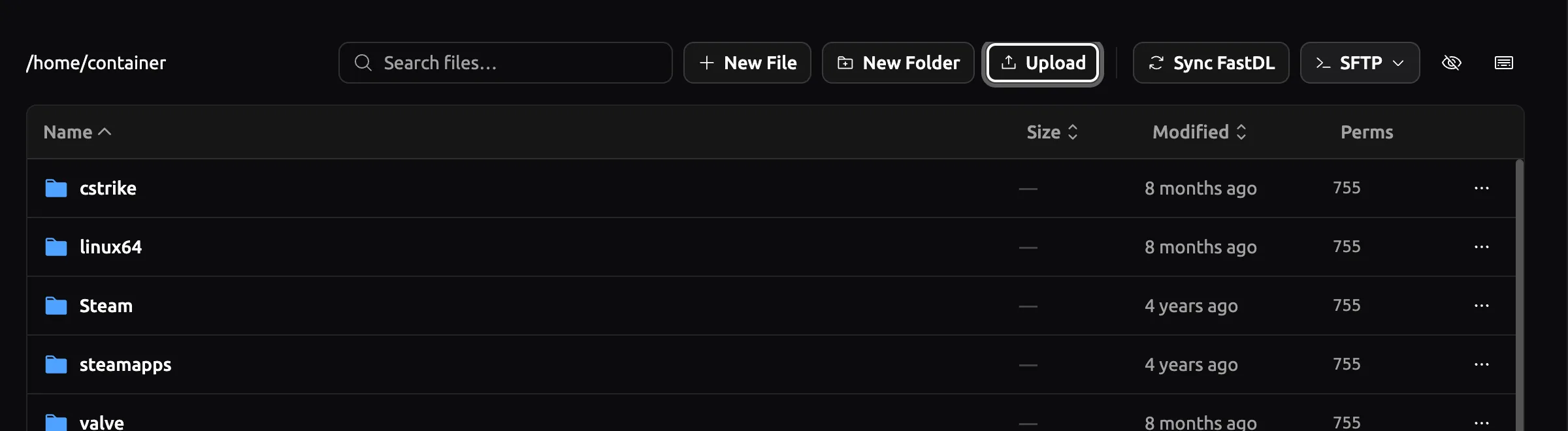 Files toolbar with the Upload button highlighted