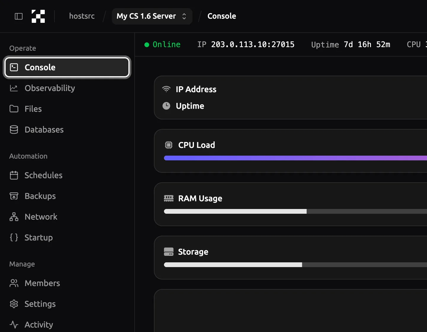 Server menu in the control panel with Console highlighted