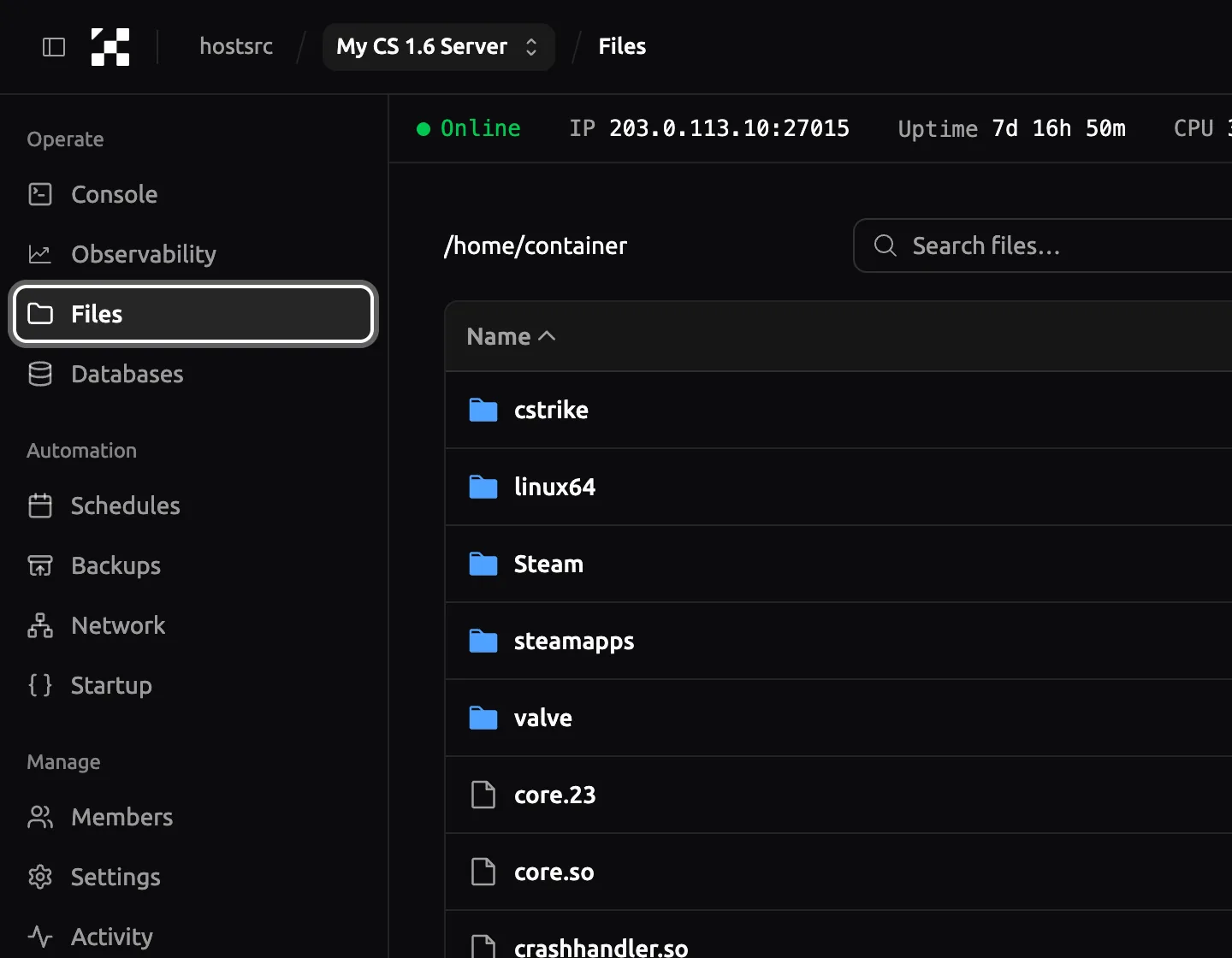 Server menu in the control panel with Files highlighted