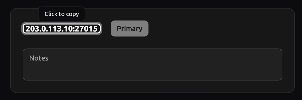 Network page with the server address highlighted and the Click to copy tooltip