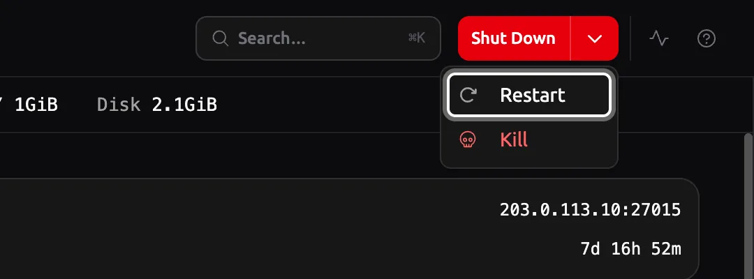 Power menu next to Shut Down, open, with Restart highlighted